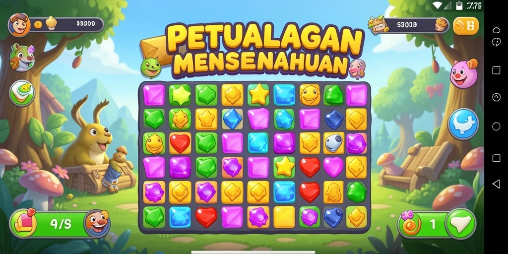 Screenshot gameplay Match-3 dengan warna-warni batu permata.