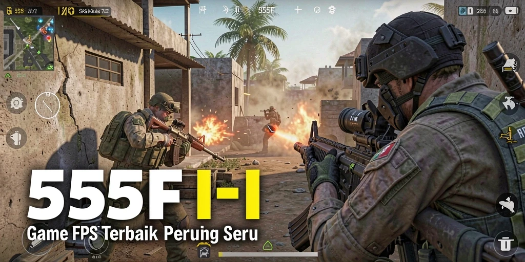 Screenshot gameplay 555F menampilkan aksi seru di medan perang FPS.