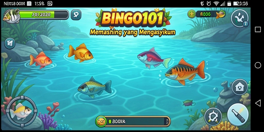Tampilan gameplay BINGO101 dengan aksi memancing yang seru dan realistis.