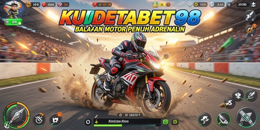 Tampilan gameplay mendebarkan di KUDETABET98 dengan balapan motor yang intens.