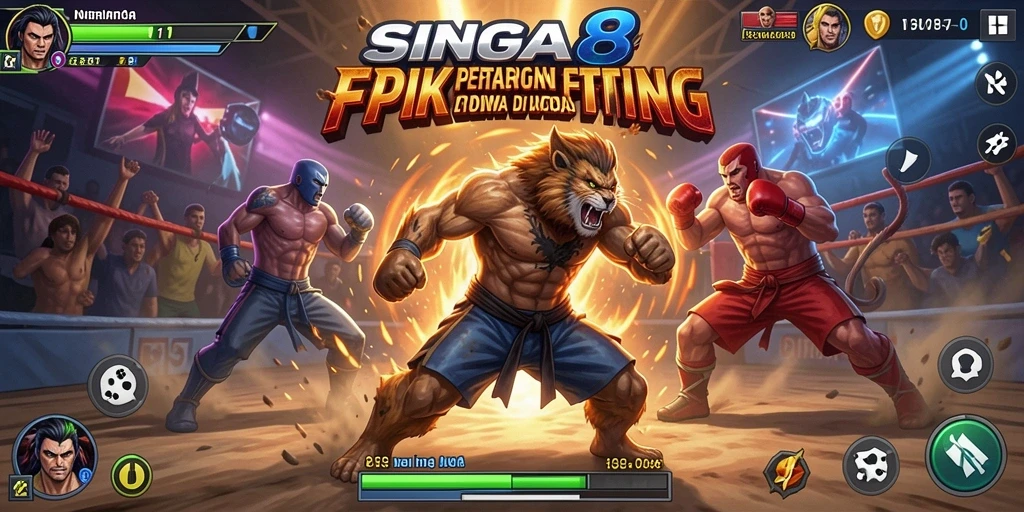 Screenshot utama SINGA8 menampilkan pertarungan intens di arena.