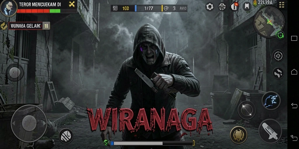 Tangkapan layar utama WIRANAGA menampilkan suasana gameplay yang menyeramkan.